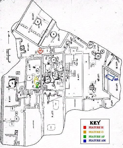 Diagram of Courthouse Block excavation showing foundation walls and excavated features.