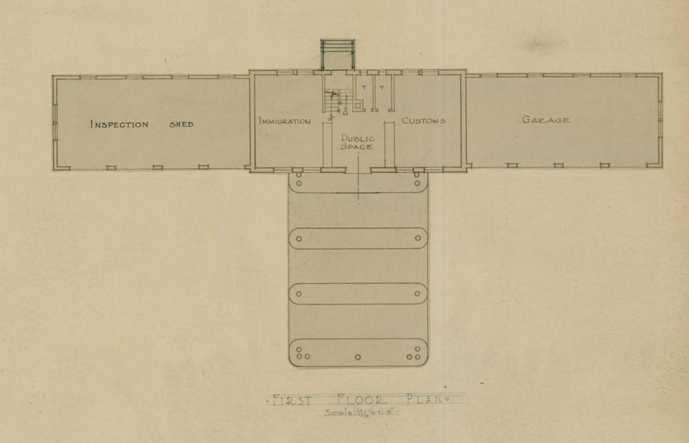 drawing showing first floor plan. Inspection shed on the left, Garage on the right. Immigration and Customs in the middle. 