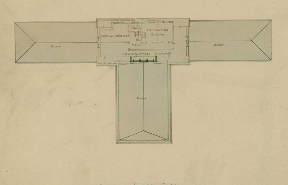 Plans showing the top floor of the building with detention and customs storage. 